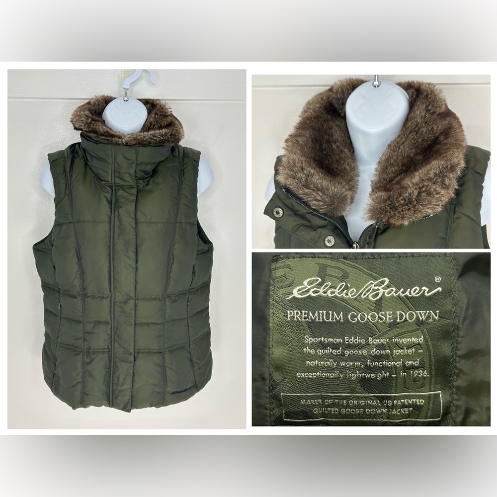 Eddie Bauer Quilted Down Vest Size Small Vintage Faux Fur Collar Gorpcore Winter